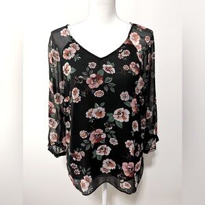CAbi Garden Blouse Top Style 3595. Black with Pink Floral. Size Large